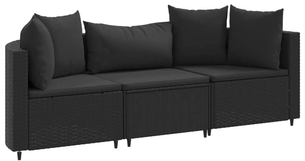 3308451 vidaXL Set mobilier de grădină cu perne, 3 piese, negru, poliratan