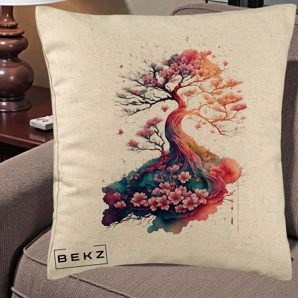 Perna Decorativa Copac Sakura Acuarela Fantasy, 40x40 cm, Bej, Husa Detasabila, Perna Inclusa, BEKZ®