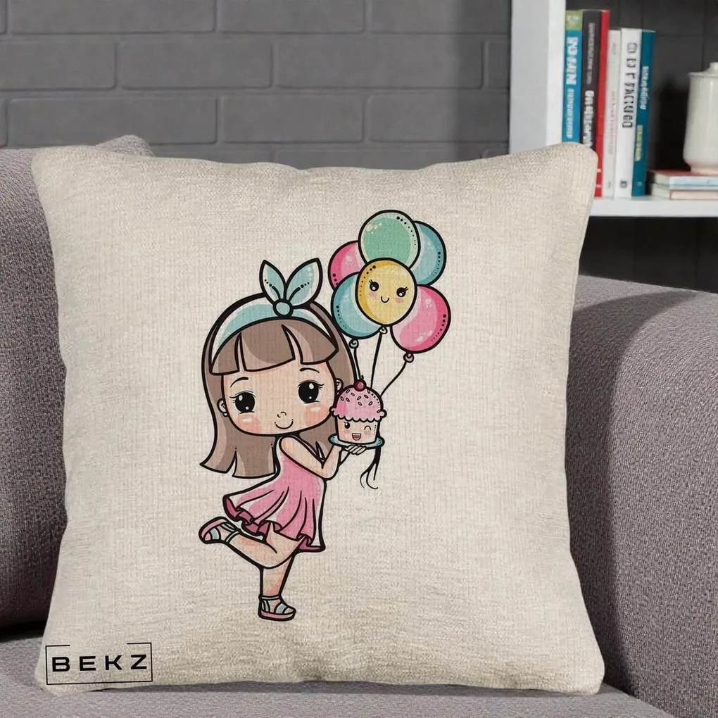 Perna Decorativa Fetita Kawaii cu Baloane si Cupcake, 40x40 cm, Bej Canapea, Husa Detasabila, Perna Inclusa, BEKZ®