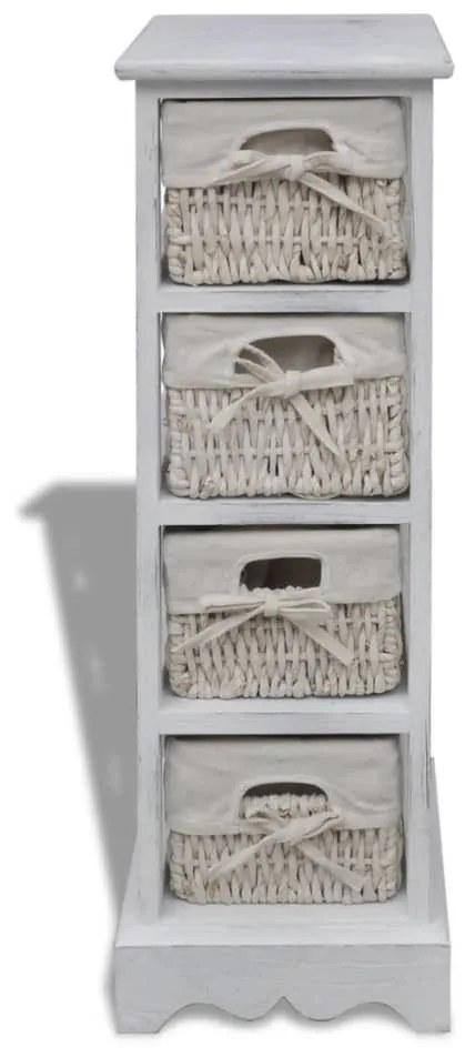 240797 vidaXL Dulap de depozitare din lemn, 4 coșuri împletite, alb