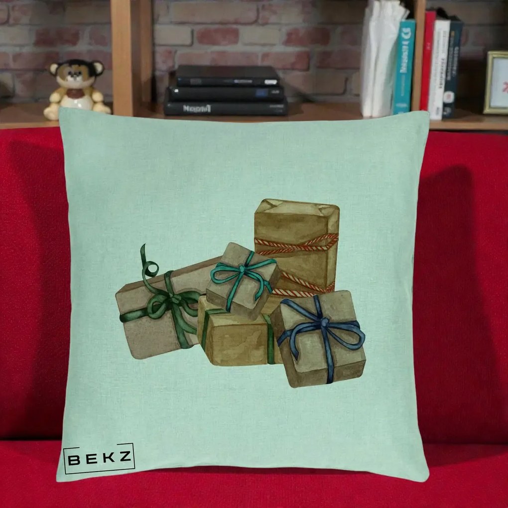 Perna Decorativa Cadouri de Craciun Kraft, 40x40 cm, Verde Menta, Husa Detasabila, Perna Inclusa, BEKZ®