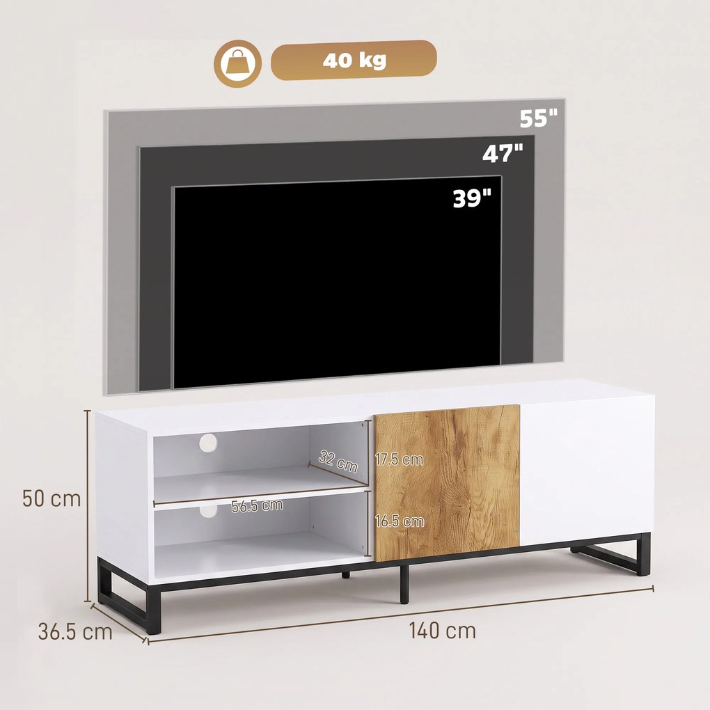 HOMCOM Comodă TV cu Rafturi Reglabile și Ușă Soft-Close, PAL și Oțel, 140x36,5x50 cm, Alb și Stejar | Aosom Romania