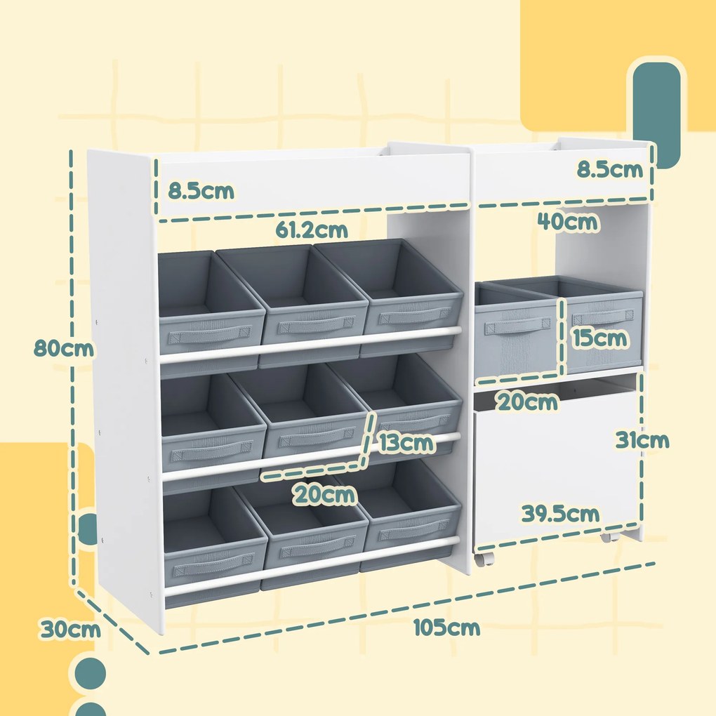 Mobilier AIYAPLAY pentru Jucării pentru Copii cu 11 Coșuri din Țesătură, Dulap și Rafturi, 105x30x80 cm, Alb | Aosom Romania