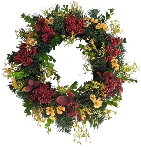 Coroniță artificială cu fructe de pădure și florimici, diametru 30 cm