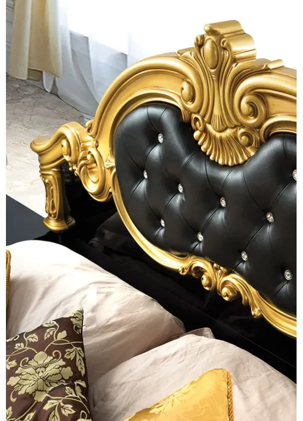 Dormitor Barocco, culoare negru / auriu, cu pat tapitat 160 x 200 cm, dulap cu 6 usi si oglinda, comoda, 2 noptiere (saltea si somiera incluse)
