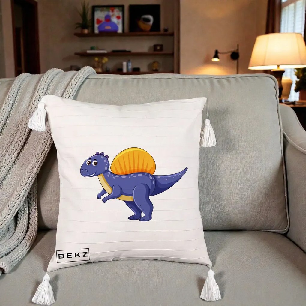 Perna Decorativa Spinozaur Kawaii, 40x40 cm, Bej cu Franjuri, Husa Detasabila, Perna Inclusa, BEKZ®