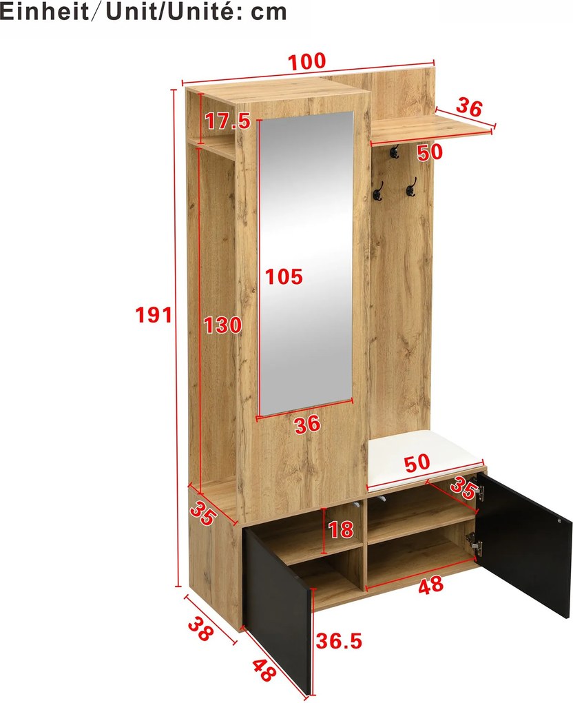 Set pentru hol cu 5 cârlige pentru haine, oglindă, dulap pentru încălțăminte și bancă pentru hol, 100x38x191 cm, Negru+Culoare naturală