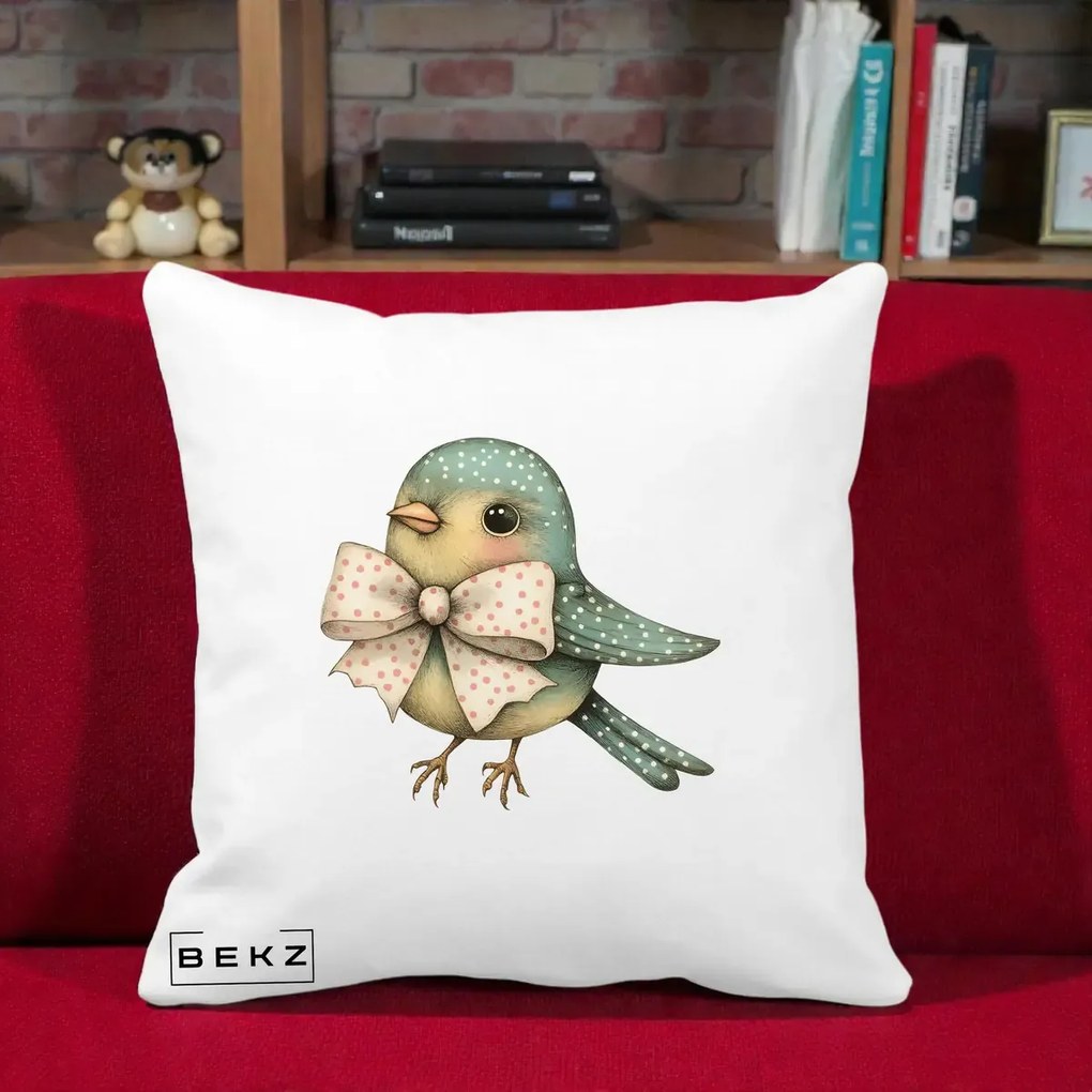 Perna Decorativa Pasare Teal cu Fundita cu Buline, 40x40 cm, Alba Mata, Husa Detasabila, Perna Inclusa, BEKZ®