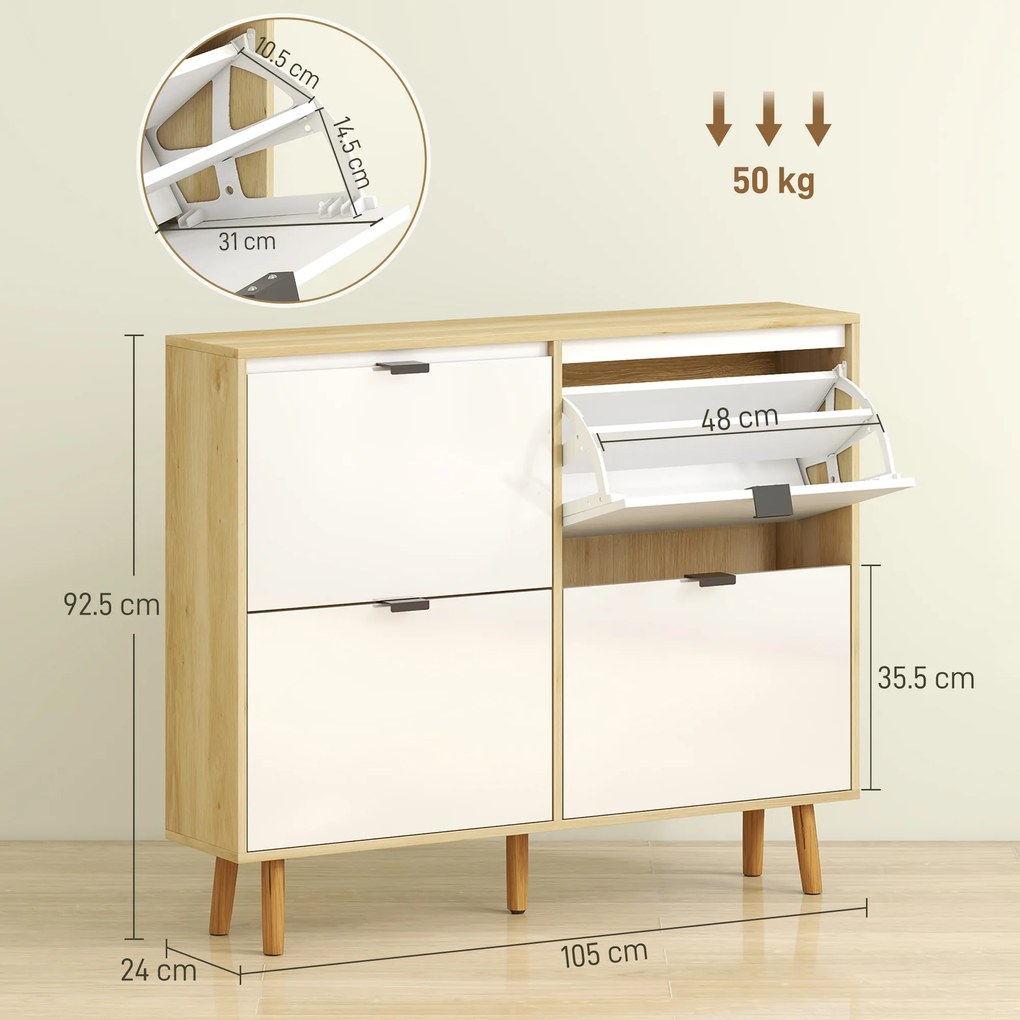 HOMCOM Dulap de pantofi subțire modern cu 4 sertare rabatabile pentru 20 de perechi de pantofi, Alb | Aosom Romania