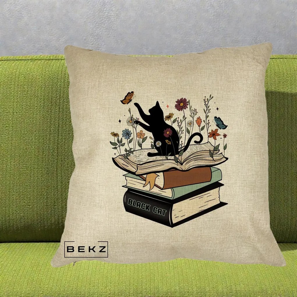 Perna Personalizata Pisica Neagra Carti Flori Fluturi, 40x40 cm, Crem, Husa Detasabila, Perna Inclusa, BEKZ®