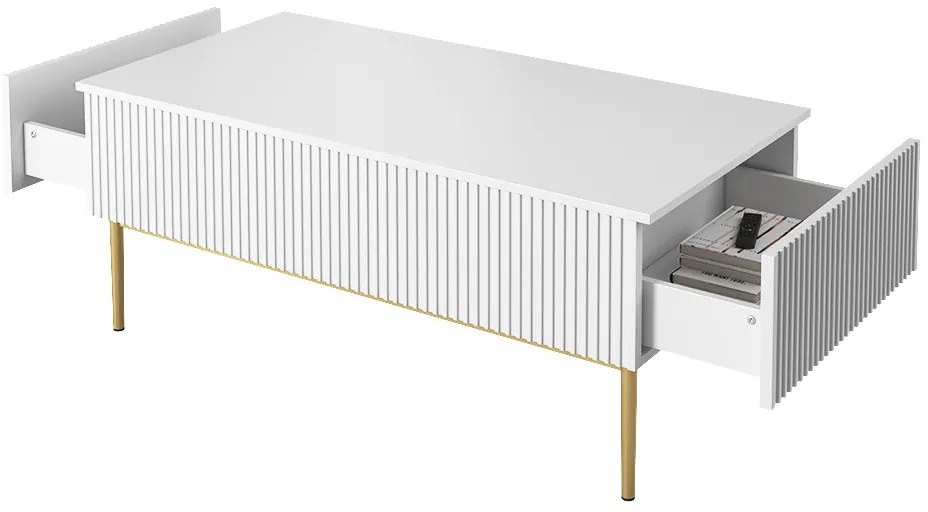 Măsuță de cafea cu sertare Nicole 120 cm cu picioare metalice - alb mat / picioare aurii