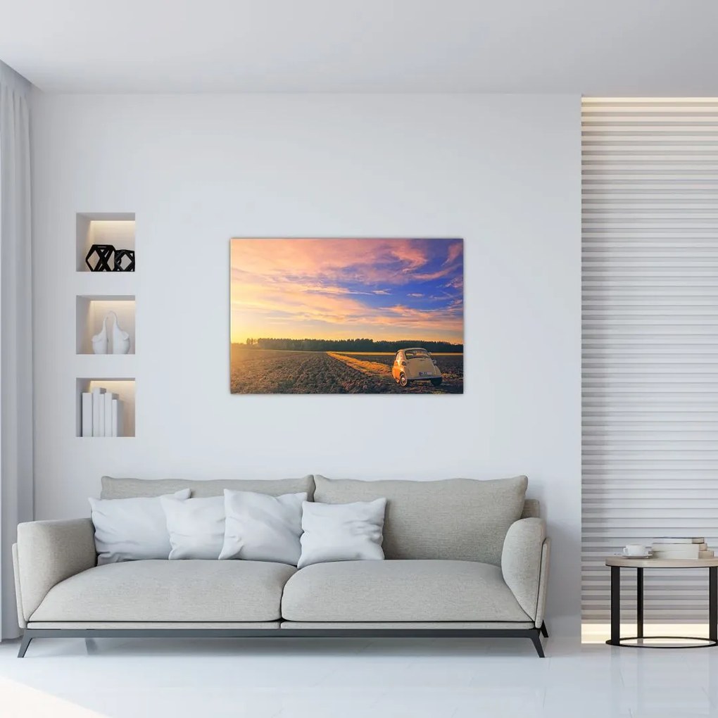 Tablou - Mașină galbenă ăn câmp (90x60 cm)