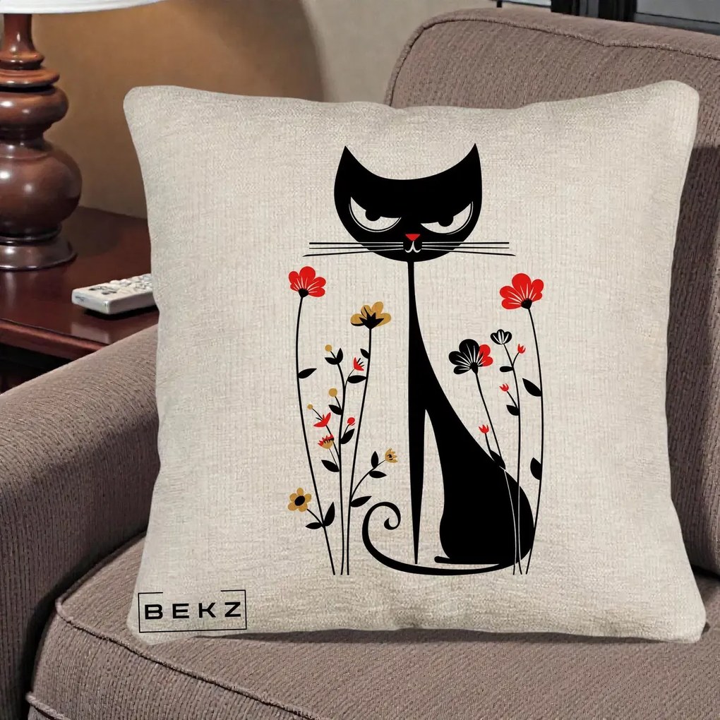 Perna Decorativa Pisica Neagra Grafica Flori Rosii, 40x40 cm, Bej Canapea, Husa Detasabila, Perna Inclusa, BEKZ®