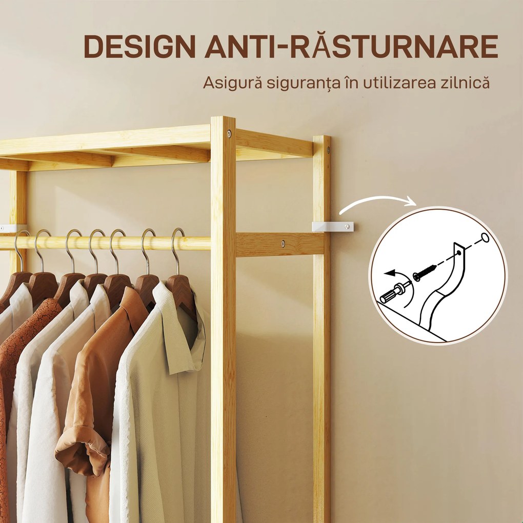 HOMCOM Cuier de Podea cu Bară și 4 Roți, Economisire Spațiu, Cuier din Bambus cu Rafturi Inferioare, pentru Dormitor, Hol, 70x35x175 cm, Lemn Natural | Aosom Romania