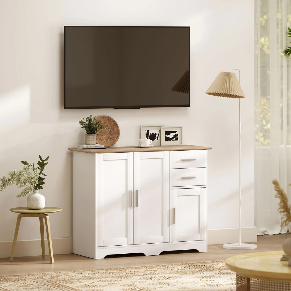 HOMCOM Comodă Modernă din Lemn cu 2 Sertare și 2 Dulapuri, 100x40x78 cm, Alb și Culoare Lemn | Aosom Romania