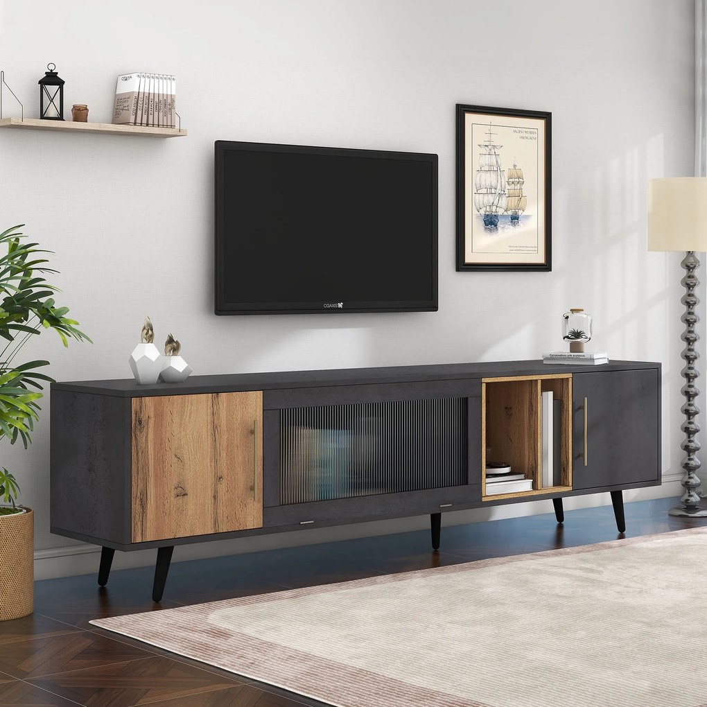 Mobilier TV cu textură gri, 3 uși și spațiu deschis, Gri | Aosom Romania