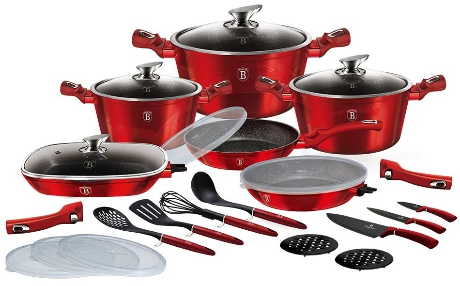 RESIGILAT - Set oale si tigai marmorate, antiaderente, cu capace, ustensile si cutite, 24 piese Burgundy Metalic Line Berlinger Haus BH 7184