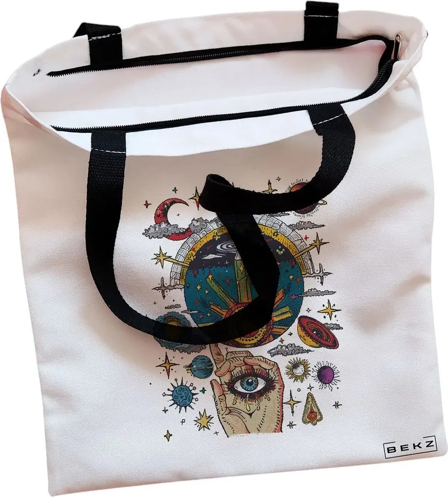 Sacosa de Panza pentru Cumparaturi, Geanta Tote, Energy Mood 2, Cu fermoar, 38x34.5 cm, Alba, BEKZ®