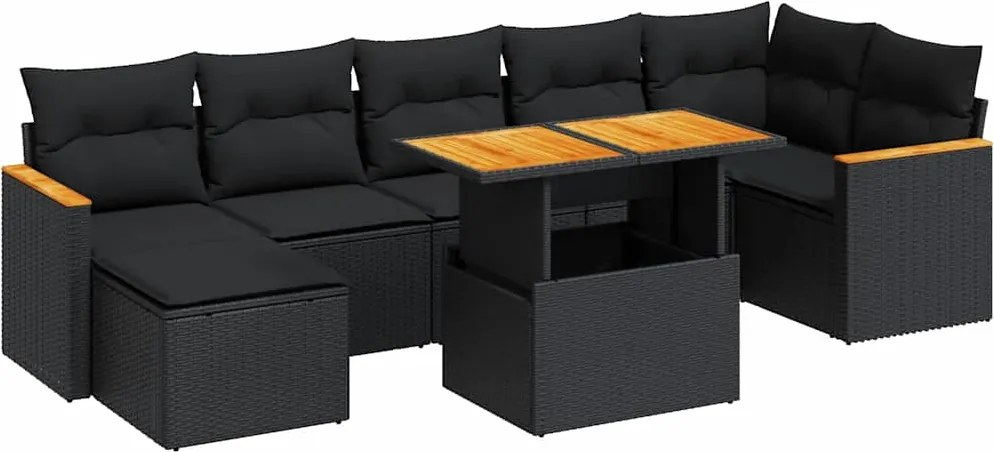 vidaXL Set mobilier grădină perne 8 piese negru, poliratan/lemn acacia