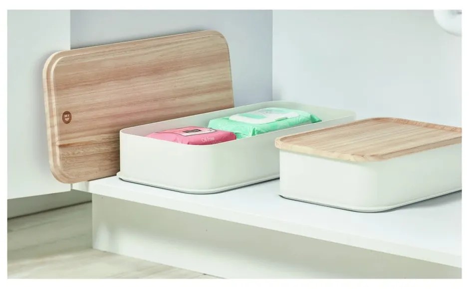 Cutie depozitare cu capac din lemn paulownia iDesign Eco, 21,3 x 43 cm, alb