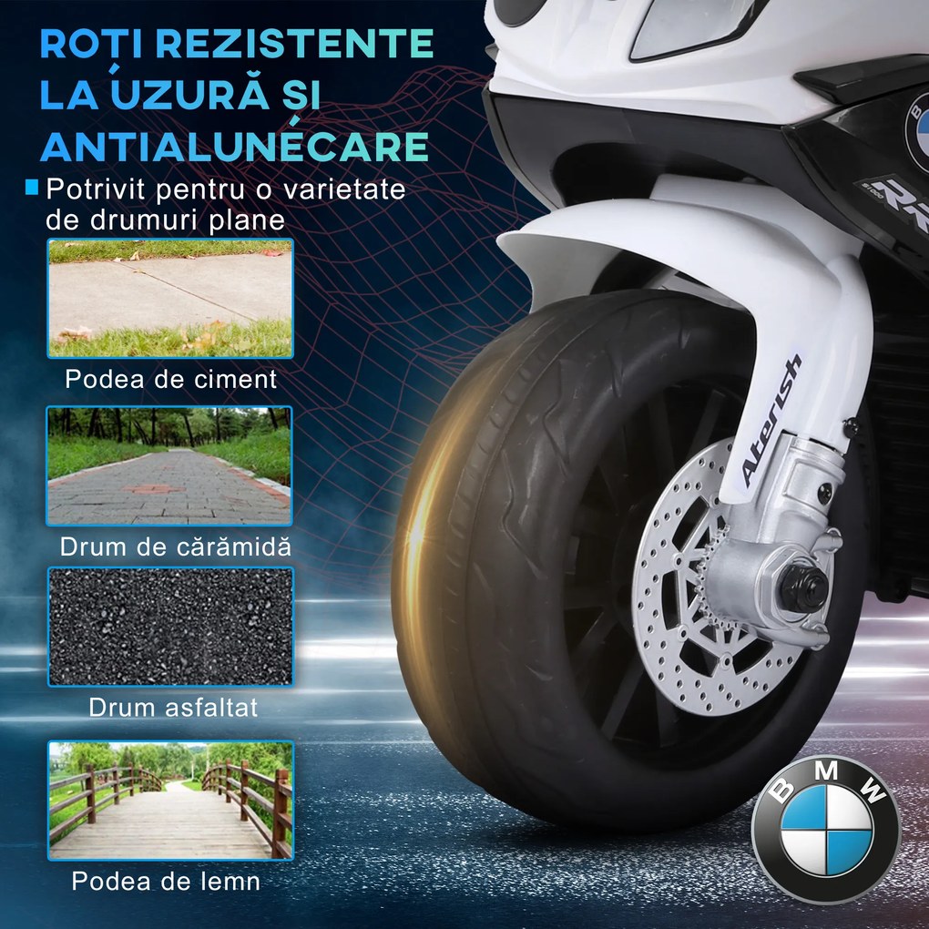 HOMCOM Motocicletă Electrică pentru Copii Licențiată BMW, 3 Roti, Baterie 6V, Alb și Negru | Aosom Romania