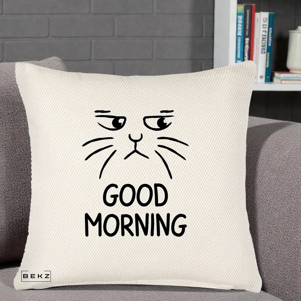 Perna Decorativa Pisica Morocanoasa Good Morning, 40x40 cm, Crem Reliefat, Husa Detasabila, Perna Inclusa, BEKZ®