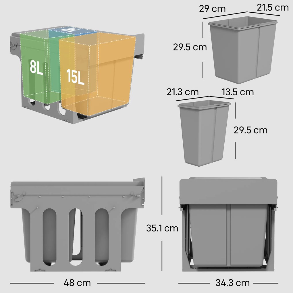 HOMCOM Cos de Gunoi Extractibil Sub Chiuveta 31L, 3 Recipiente Detasabile, 48x34,3x35,1 cm, Gri Deschis | Aosom Romania
