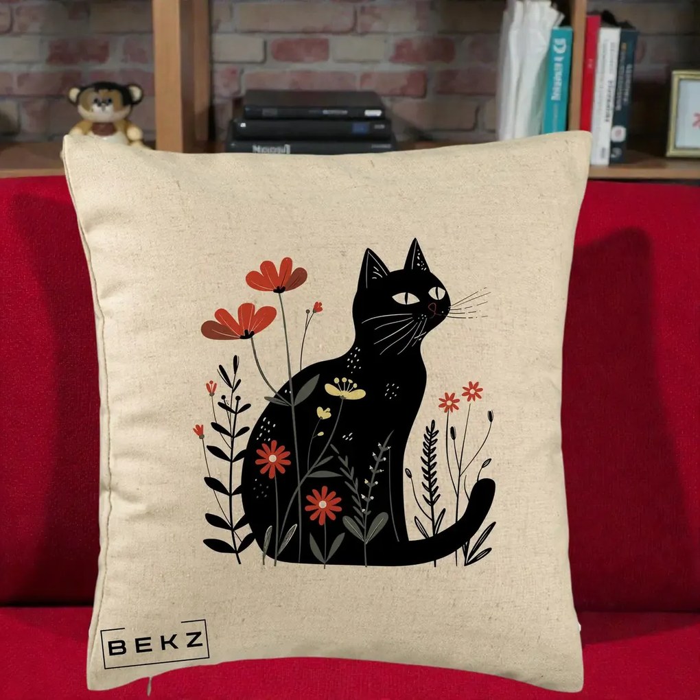 Perna Decorativa Pisica Neagra Flori Rosii Folk, 40x40 cm, Bej, Husa Detasabila, Perna Inclusa, BEKZ®