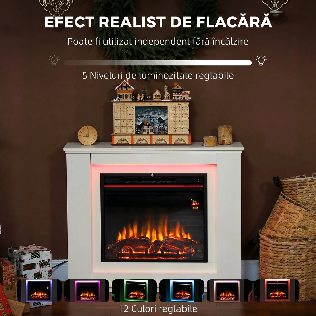 HOMCOM Șemineu Electric cu Flacără în 12 Culori și 5 Niveluri de Luminozitate, Telecomandă și Timer, 98x25x80 cm, Alb și Negru | Aosom Romania