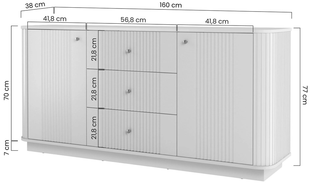 Comodă Vesper 160 cm cu sertare și mânere aurii - culoare cașmir / nuc