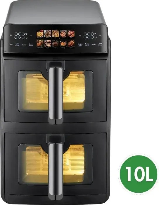 Friteuză dublă cu aer cald Just Perfecto JP-AF10DB, 2600 W, 10 l, 10 programe, 80-200 °C, circulație rapidă a aerului cald, gătire sincronizată, negru