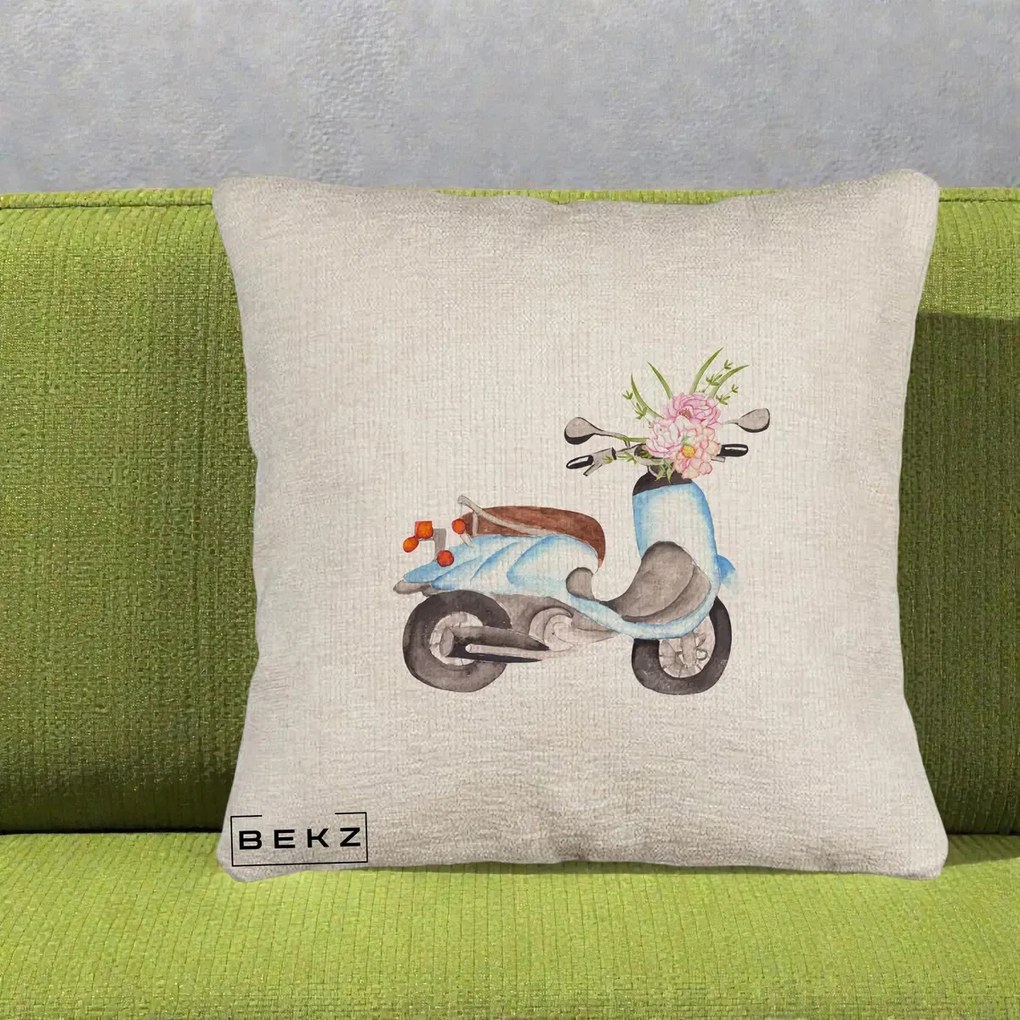 Perna Decorativa Scuter Albastru cu Flori Acuarela, 40x40 cm, Bej Canapea, Husa Detasabila, Perna Inclusa, BEKZ®