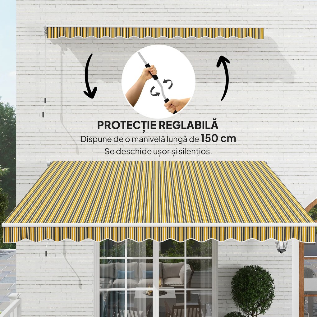 Outsunny Copertină Pliabilă pentru Exterior, Copertină Tip Roll-Up cu Deschidere Manivelă, 350x250 cm, Galben | Aosom Romania