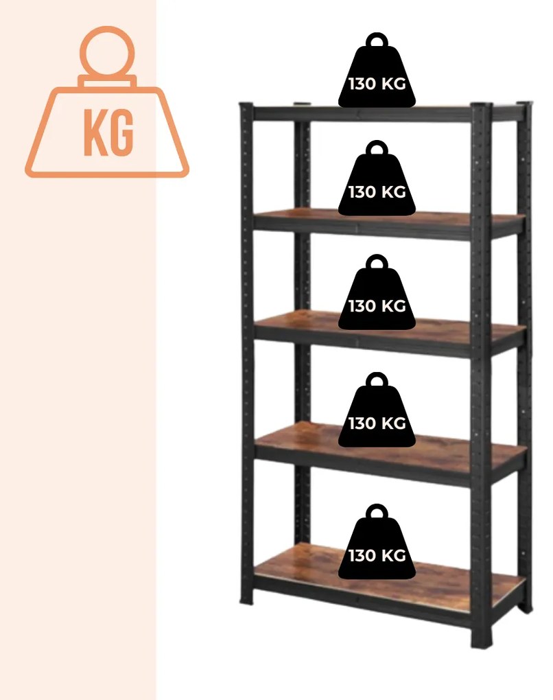 Raft de depozitare DUSTY, 5 polițe, max. 650kg, negru/maro SongmicsHome