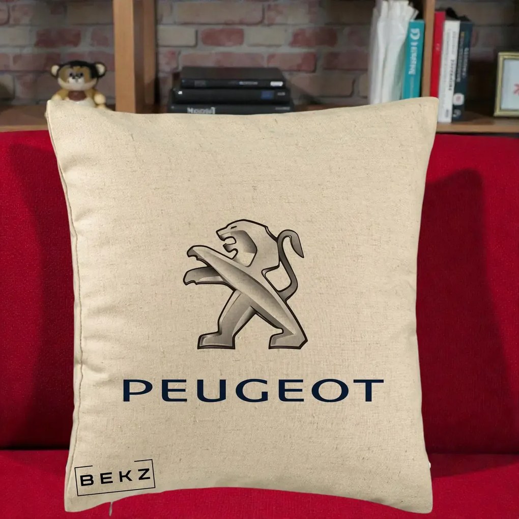 Perna Personalizata cu emblema Peugeot, 40x40 cm, Bej, Husa Detasabila, Perna Inclusa, BEKZ®