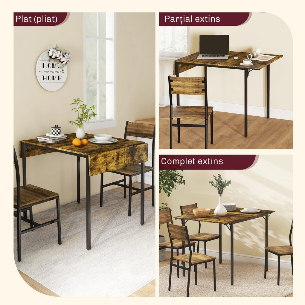HOMCOM Masă Pliabilă Stil Industrial pentru 2-4 Persoane cu 2 Laturi Extensibile, 120x79x79 cm, Maro Rustic | Aosom Romania