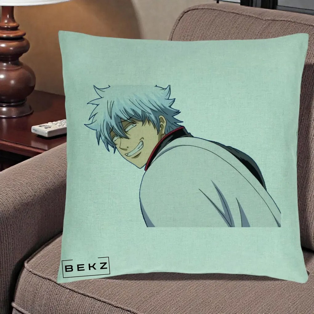 Perna Personalizata Gintama Gintoki Portret cu Zambet, 40x40 cm, Verde Menta, Husa Detasabila, Perna Inclusa, BEKZ®