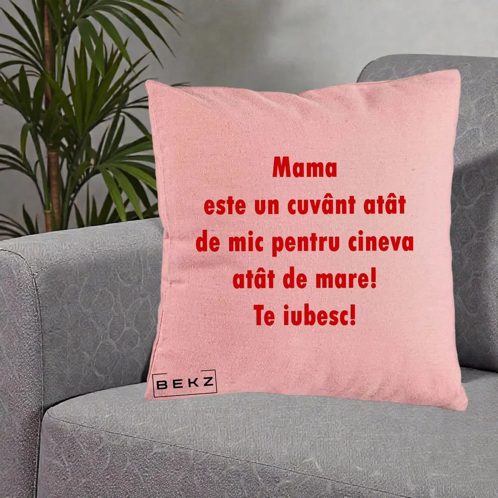 Cadou pentru Mama - Perna Personalizata Mama Cuvant Mic, 40x40 cm, Roz, Husa Detasabila, Perna Inclusa, BEKZ®