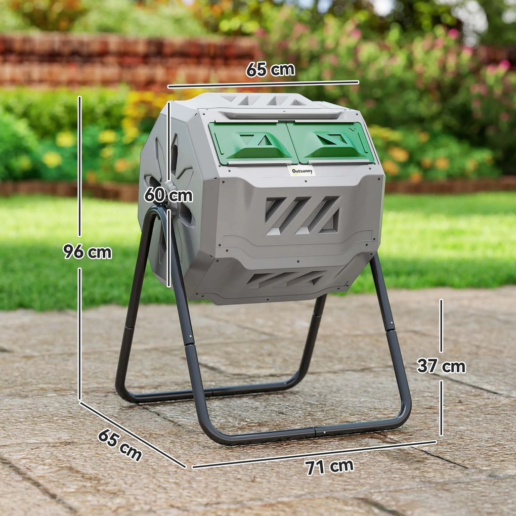 Outsunny Compostor Rotativ cu 2 Secțiuni și 8 Prize de Aerisire din Oțel și PP, 160L, 71x65x96 cm, Gri | Aosom Romania