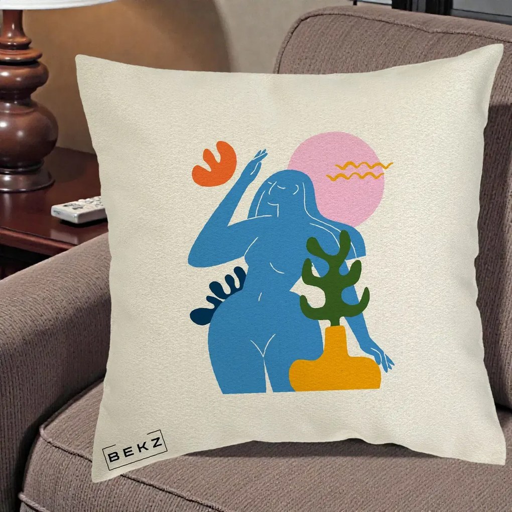 Perna Decorativa Femeie Albastra Cactus, 40x40 cm, Ecru, Husa Detasabila, Perna Inclusa, BEKZ®