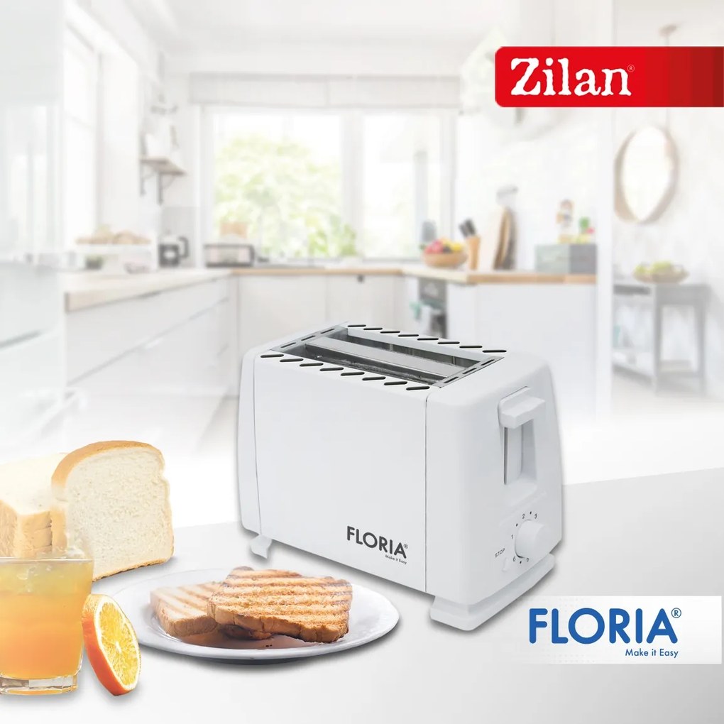 Prajitor de paine Floria ZLN1833 Alb, 700W, 7 nivele de control al temperaturii, buton de oprire