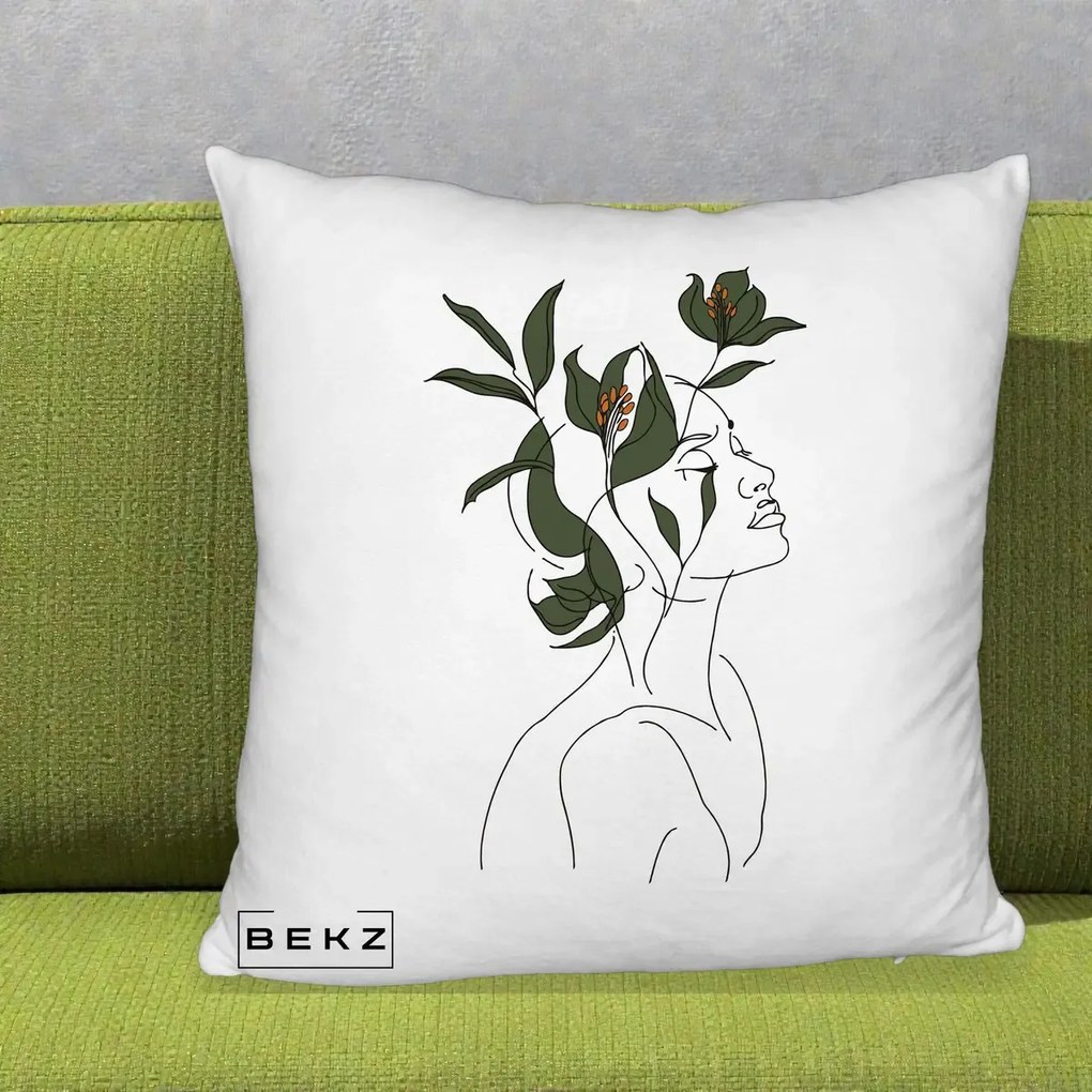 Perna Decorativa Portret Feminin Crin Verde, 40x40 cm, Alb Pufos, Husa Detasabila, Perna Inclusa, BEKZ®