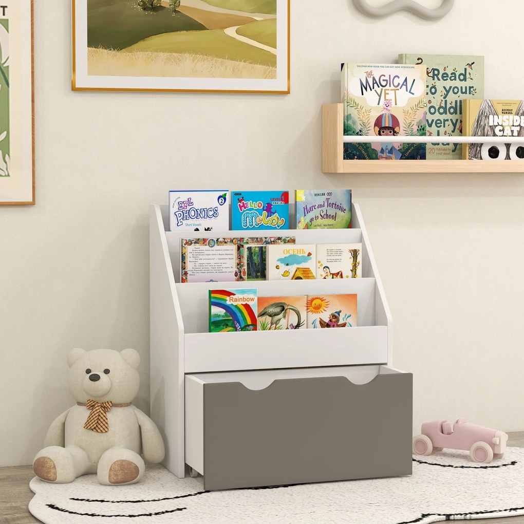 AIYAPLAY Bibliotecă pentru Copii 3-8 Ani cu 3 Rafturi și Sertar Inferior, din MDF, 62.5x30x70 cm, Gri | Aosom Romania
