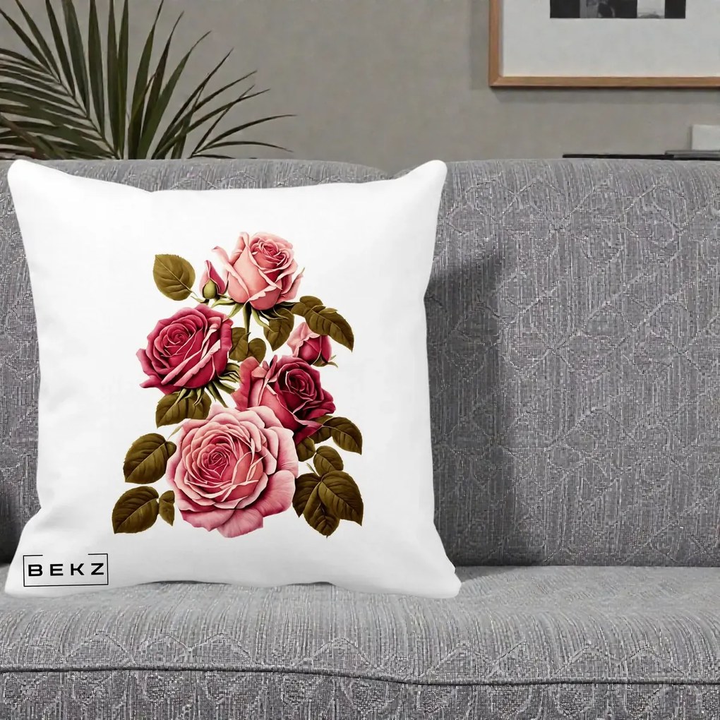 Perna Decorativa Trandafiri Vintage Roz-Rosii, 40x40 cm, Alba Mata, Husa Detasabila, Perna Inclusa, BEKZ®