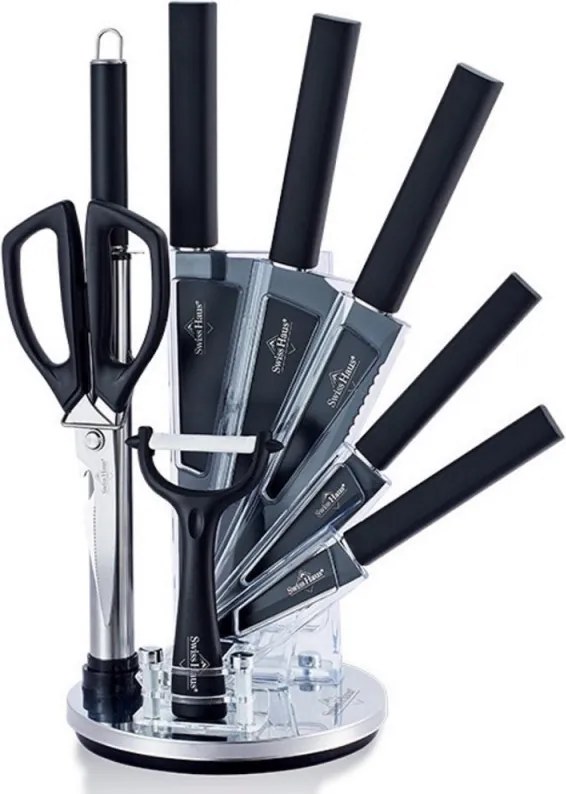 Set de cutite cu suport Swiss Haus SH-KSL9B, 9 piese, Manere antiderapante, Otel inoxidabil, Negru