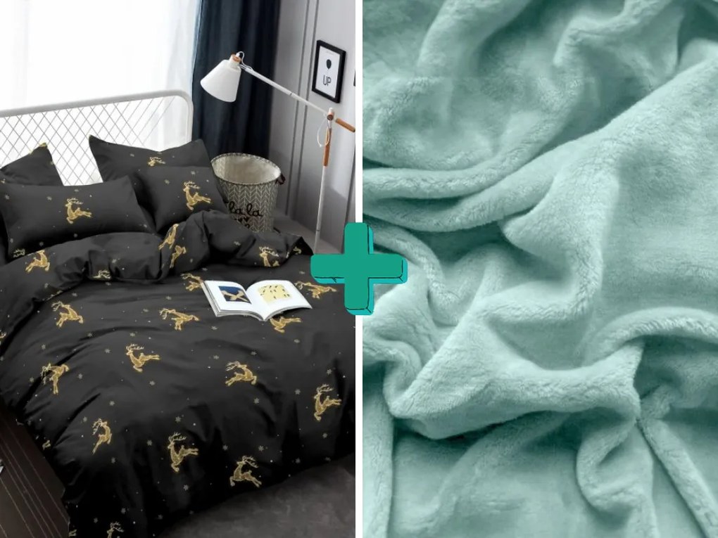 Lenjerie de pat din microfibra GOLDEN DEER neagra + cearsaf microplus SOFT 90x200 cm mentol