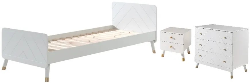 Set Pat Single, Noptieră și Comodă BILLY pentru Copii, 3 Piese, 90x200 cm, Alb Satinat (Pin Masiv și MDF) – Billy – Vipack