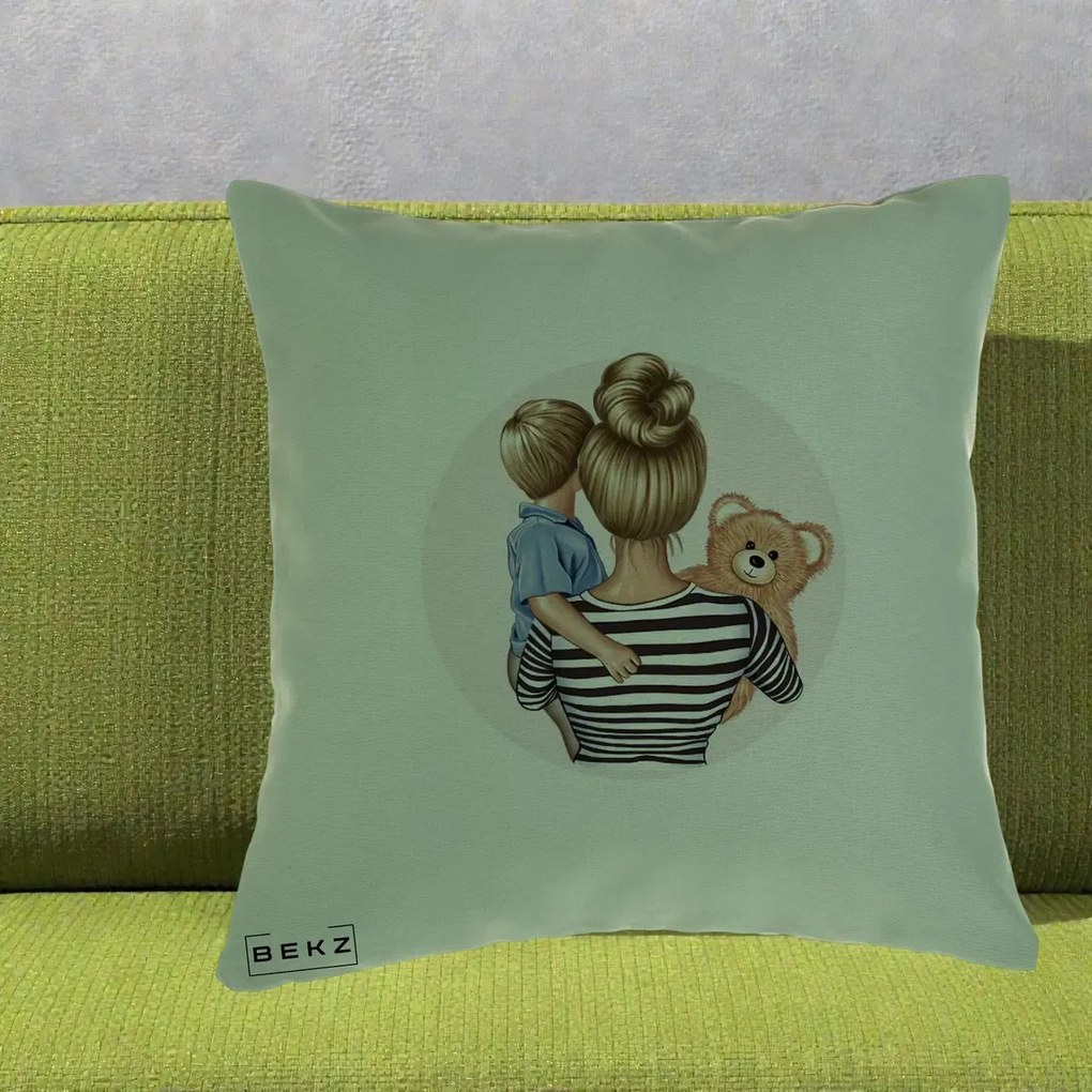 Cadou pentru Mama - Perna Personalizata Mama si Baietelul cu Ursulet, 40x40 cm, Verde, Husa Detasabila, Perna Inclusa, BEKZ®