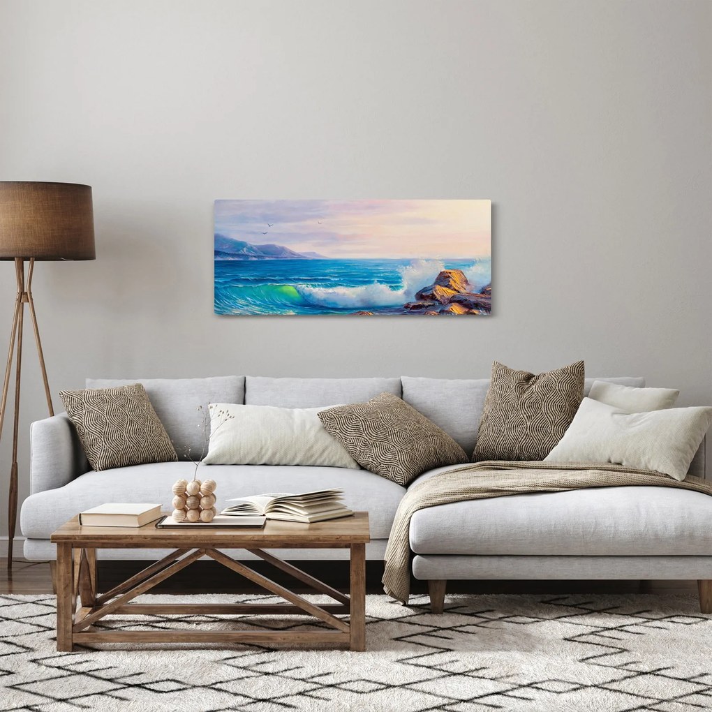 Tablou - Valuri lovind stânci, pictură în ulei (120x50 cm)