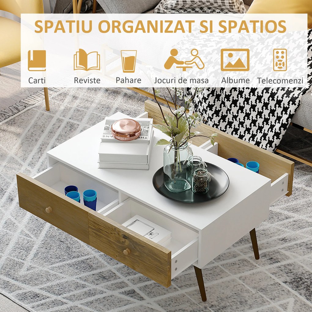 Masuta de Salon in Stil Nordic, Masuta Joasa din Lemn cu 4 Sertare, Dulapior pentru Sufragerie, Alb si Lemn 100x53,5x45cm HOMCOM | Aosom RO